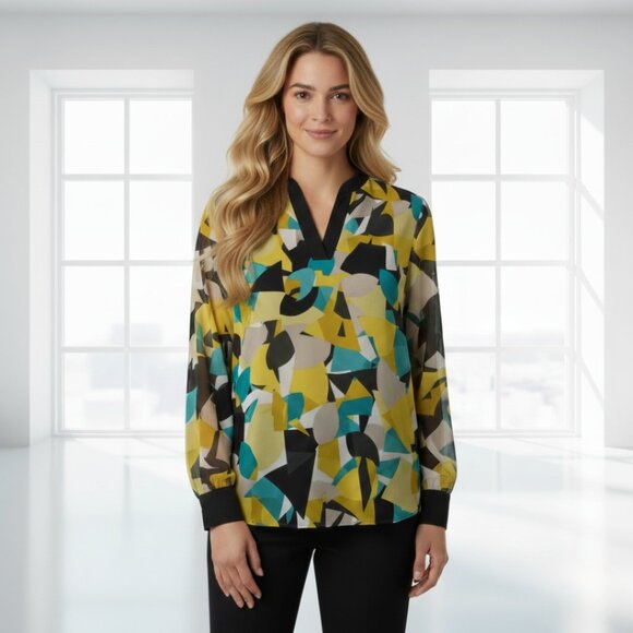 Calvin Klein Abstract Geometric Print Blouse V-Neck Long Sleeve Top Small - Picture 1 of 10